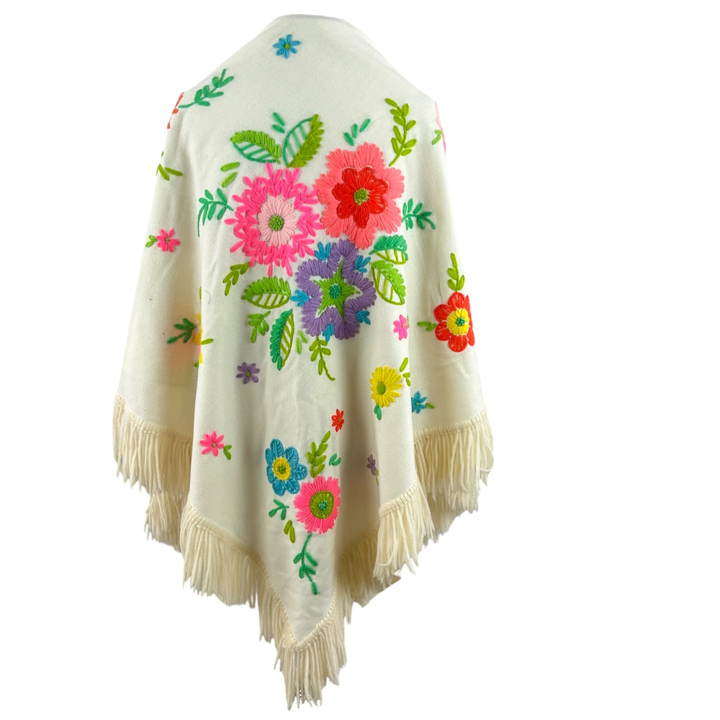 Vintage Canary Island Embroidered Wool Floral Shawl  Blanket 51x55