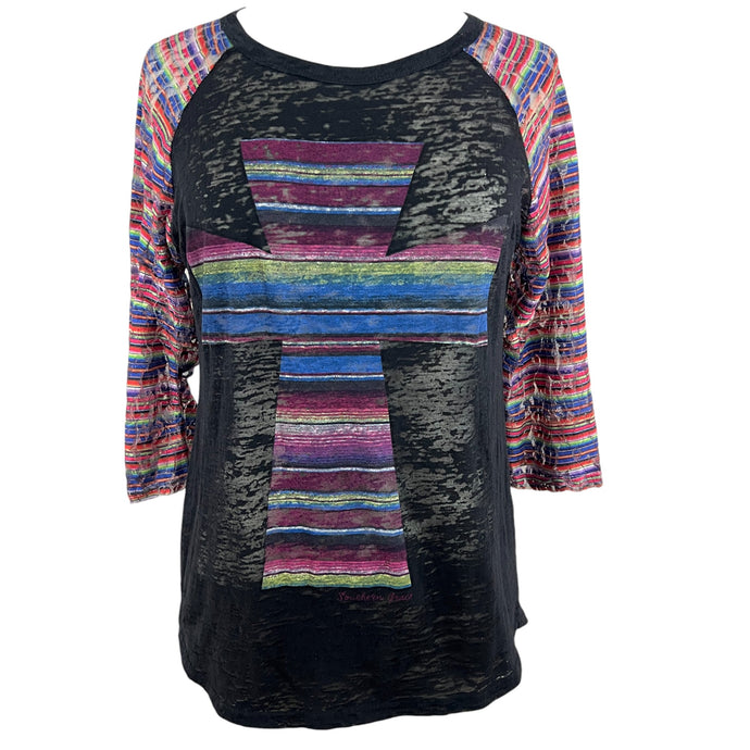 Southern Grace Black 3/4 Sleeve Tee With Cross Size Medium