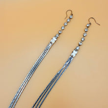 Load image into Gallery viewer, Vintage Silver Tone Rhinestone Shoulder Duster Earrings Snake Chain Tassel
