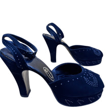 Load image into Gallery viewer, 1940s I. Miller Navy Velvet Platform Peep Toe Ankle Strap Heels Nailhead Studs
