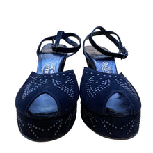 Load image into Gallery viewer, 1940s I. Miller Navy Velvet Platform Peep Toe Ankle Strap Heels Nailhead Studs
