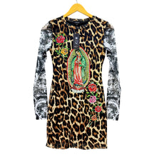 Load image into Gallery viewer, NWT Ed Hardy Leopard Mesh Bodycon Dress Virgin Mary Roses Tattoo Sleeves S
