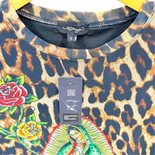 Load image into Gallery viewer, NWT Ed Hardy Leopard Mesh Bodycon Dress Virgin Mary Roses Tattoo Sleeves S
