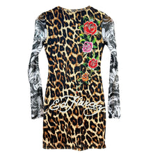 Load image into Gallery viewer, NWT Ed Hardy Leopard Mesh Bodycon Dress Virgin Mary Roses Tattoo Sleeves S
