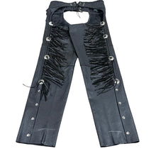 Load image into Gallery viewer, Jamin Leather Black Leather Fringe Motorcycle Chaps Silver Conchos Size XL
