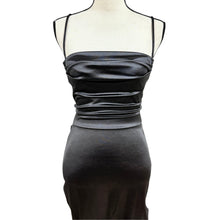 Load image into Gallery viewer, Y2K Black Stretch Satin Ruched Lace Up Open Back Maxi Gown Slit
