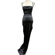 Load image into Gallery viewer, Y2K Black Stretch Satin Ruched Lace Up Open Back Maxi Gown Slit
