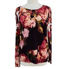 Load image into Gallery viewer, Talbots Pure Merino Wool Plum Pink Rose Floral Print Crewneck Sweater Size L
