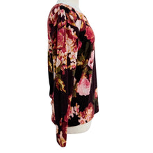 Load image into Gallery viewer, Talbots Pure Merino Wool Plum Pink Rose Floral Print Crewneck Sweater Size L
