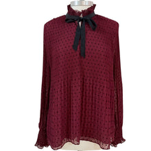 Load image into Gallery viewer, Max Studio Burgundy Swiss Dot Pleated Ruffle Neck Tie Bow Blouse Size L
