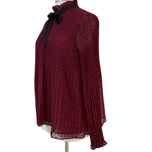 Load image into Gallery viewer, Max Studio Burgundy Swiss Dot Pleated Ruffle Neck Tie Bow Blouse Size L
