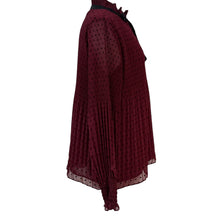 Load image into Gallery viewer, Max Studio Burgundy Swiss Dot Pleated Ruffle Neck Tie Bow Blouse Size L
