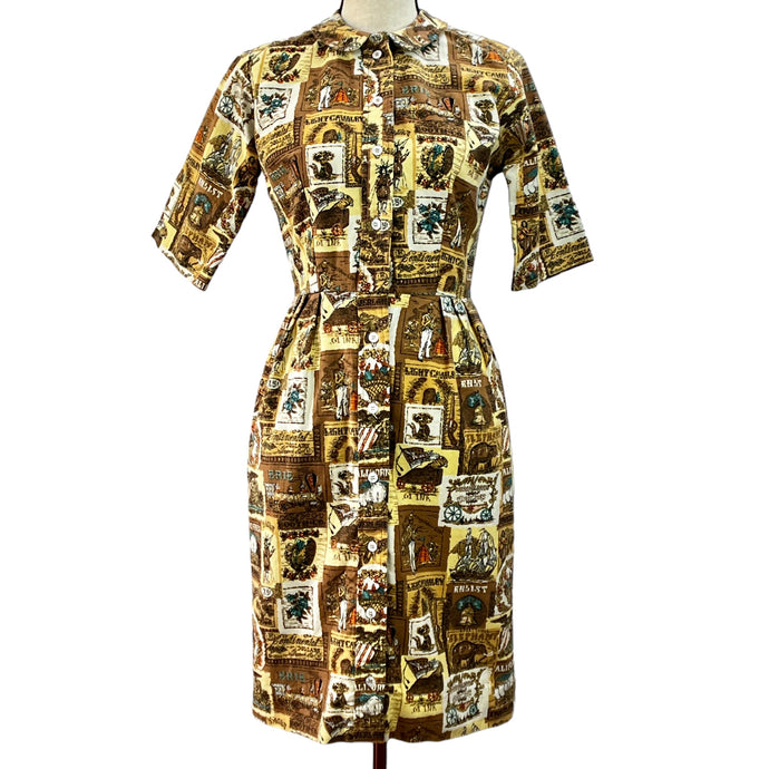 Vintage 60s Jeune Leique Travel Print Dress Size Small