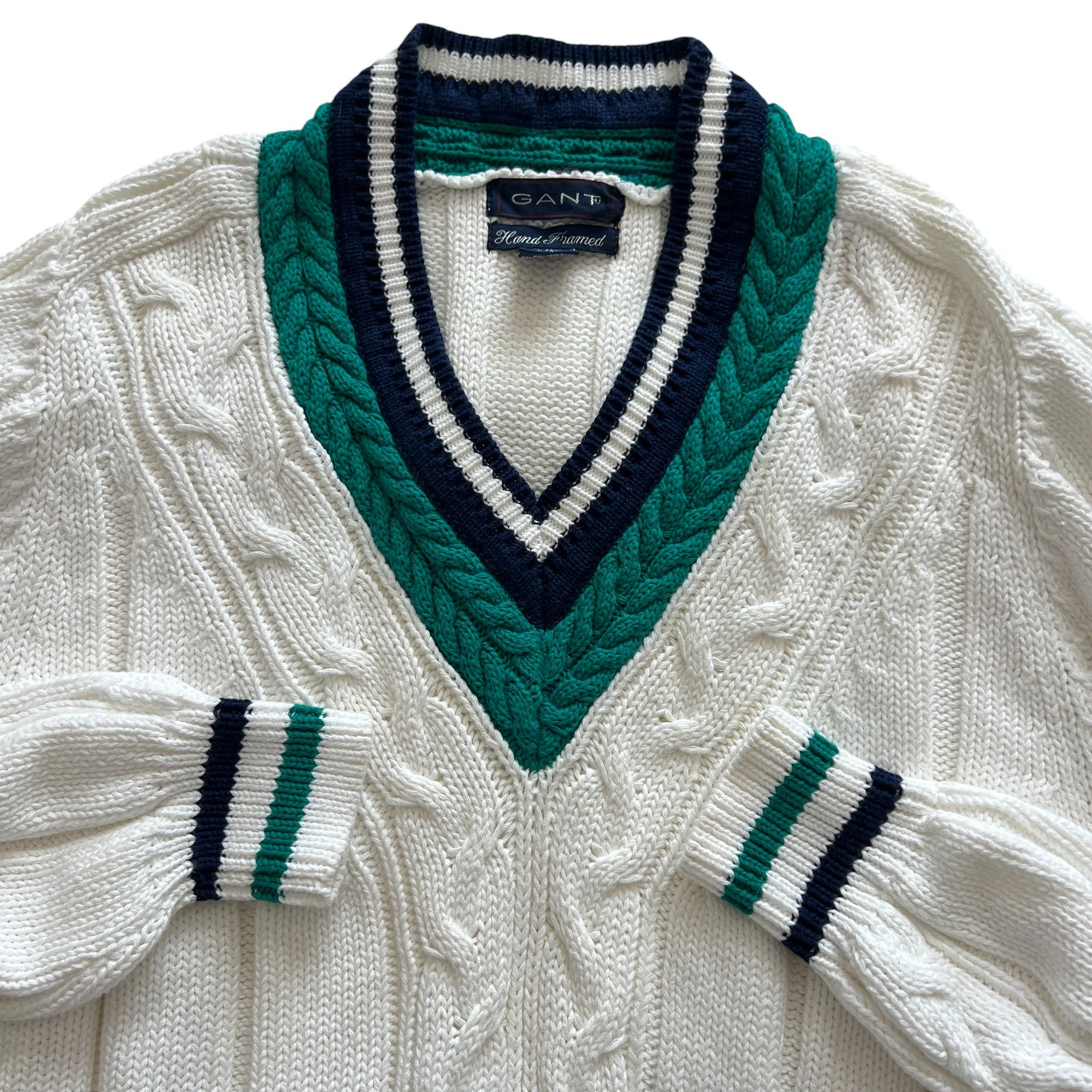 80s V-Neck Cricket Cable Knit Sweater 100% Cotton Size Large