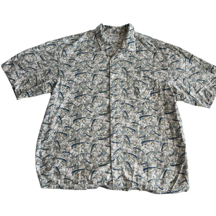 Columbia All Over Fish Short Sleeve Button-Up Shirt Size L