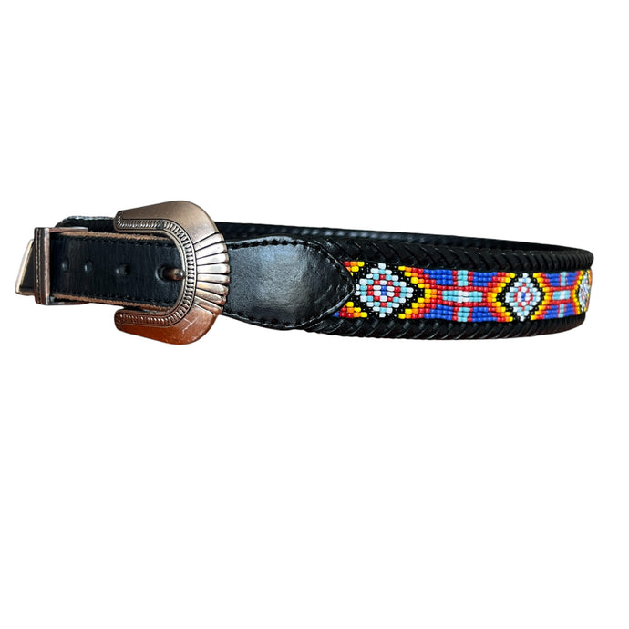 90s Black Leather Seed Bead Belt Size 28