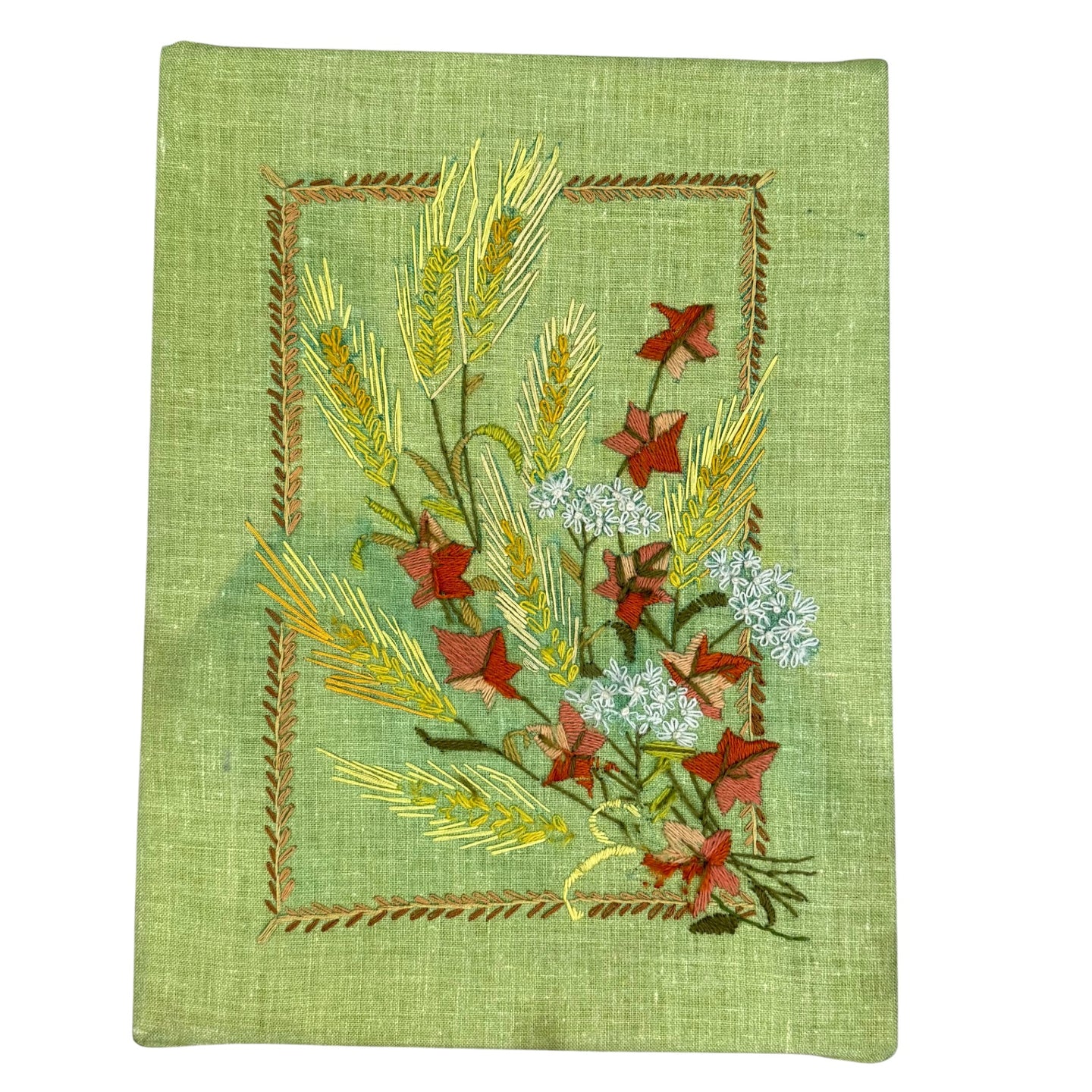 Vintage 1970s Hand Embroidered Floral Wheat Linen Wall Art Mid-Century