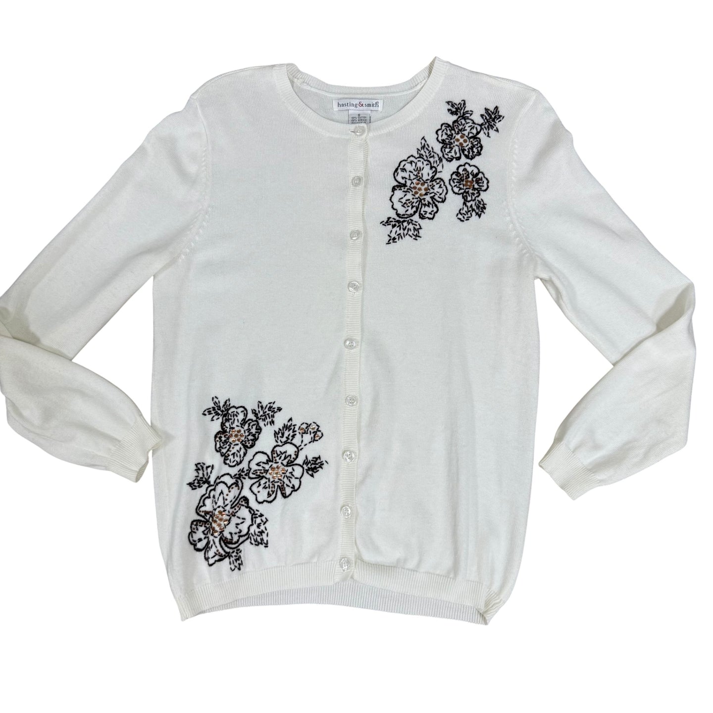 VTG 90s White Knit Floral Embroidered Cardigan Sweater Size S