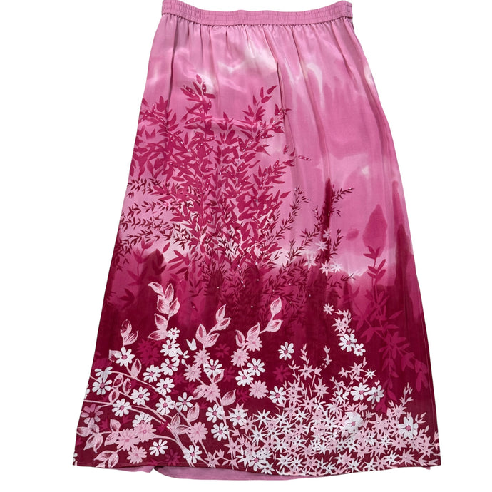 Vintage 90s Pink Silk Floral Maxi Skirt Beaded Boho Resort Wear Large