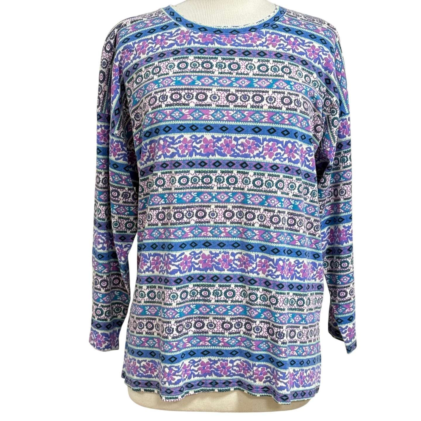 80s Aztec Pattern Long Sleeve Shirt 100% Cotton L USA