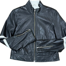 Load image into Gallery viewer, Y2K Wilsons Leather Black Leather Jacket Moto Stripe Sleeve
