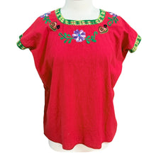 Load image into Gallery viewer, Vintage Mexican Hand-Embroidered Floral Snail Red Peasant Blouse
