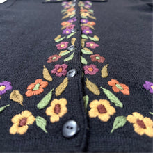 Load image into Gallery viewer, Peruvian Connection Black Baby Alpaca Floral Embroidered Cardigan Sweater
