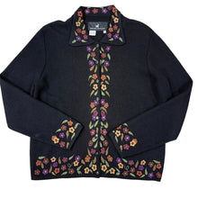 Load image into Gallery viewer, Peruvian Connection Black Baby Alpaca Floral Embroidered Cardigan Sweater
