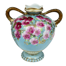 Load image into Gallery viewer, Antique Hand Painted Nippon Porcelain Vase w Light Blue with Pink Floral &amp; Gold Moriage
