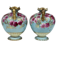 Load image into Gallery viewer, Antique Hand Painted Nippon Porcelain Vase w Light Blue with Pink Floral &amp; Gold Moriage
