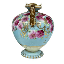 Load image into Gallery viewer, Antique Hand Painted Nippon Porcelain Vase w Light Blue with Pink Floral &amp; Gold Moriage
