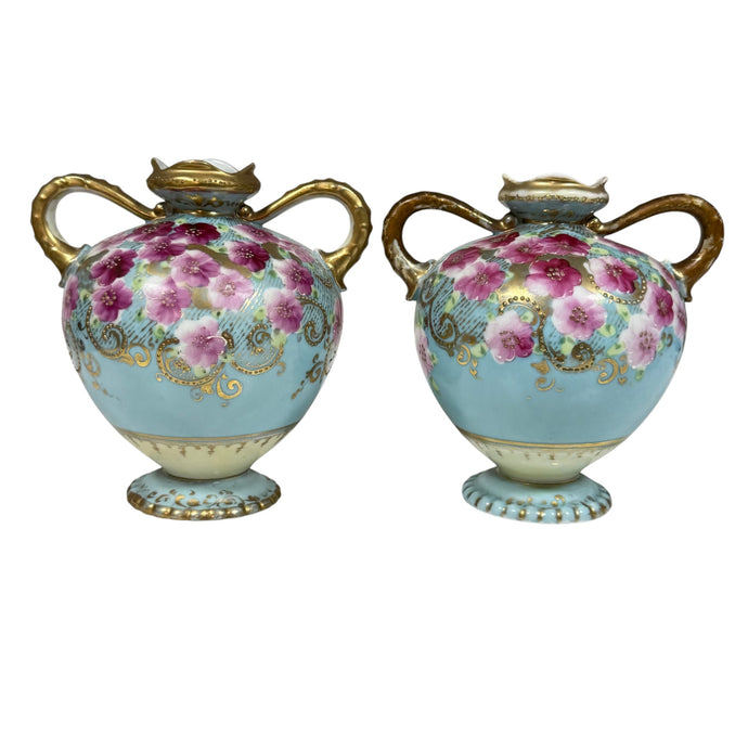 Antique Hand Painted Nippon Porcelain Vase w Light Blue with Pink Floral & Gold Moriage