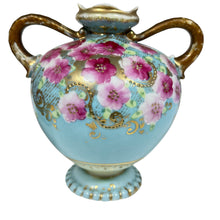 Load image into Gallery viewer, Antique Hand Painted Nippon Porcelain Vase w Light Blue with Pink Floral &amp; Gold Moriage
