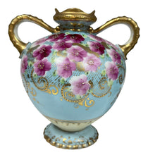 Load image into Gallery viewer, Antique Hand Painted Nippon Porcelain Vase w Light Blue with Pink Floral &amp; Gold Moriage
