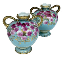 Load image into Gallery viewer, Antique Hand Painted Nippon Porcelain Vase w Light Blue with Pink Floral &amp; Gold Moriage
