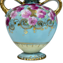 Load image into Gallery viewer, Antique Hand Painted Nippon Porcelain Vase w Light Blue with Pink Floral &amp; Gold Moriage
