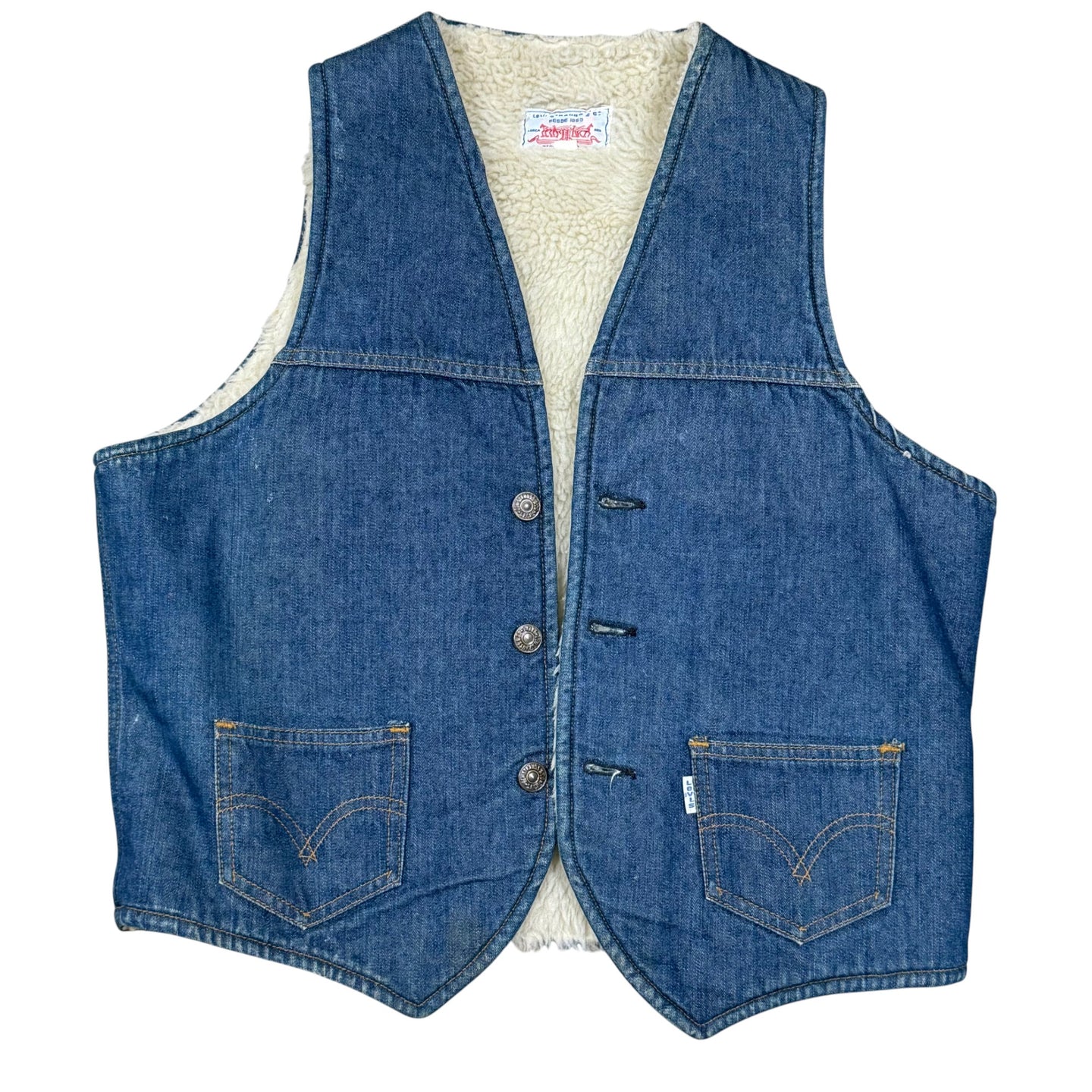 Vintage 70s Levi’s Sherpa Lined Denim Vest Blue Tab Made in Mexico Size 38