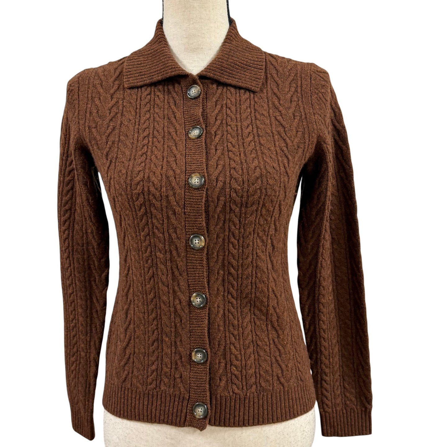 VTG Brooks Brothers 346  Rich Brown Lambswool Cable Knit Cardigan Sweater XS