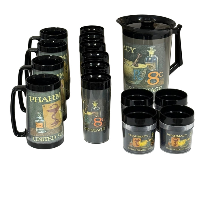 Vintage 70s Pharmacy Postage Stamp Drinkware Set