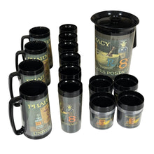 Load image into Gallery viewer, Vintage 70s Thermo Serv Pharmacy Postage Stamp Drinkware Set Pitcher Mugs &amp; Tumblers
