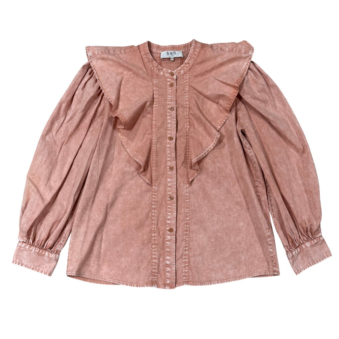 Sea New York Ruffle Bib Long Sleeve Blouse 100% Cotton Size Medium