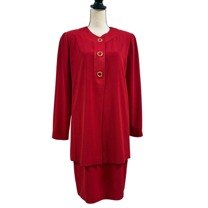 VTG 80s Evan Picone Red Long Sleeve Dress with Gold Buttons Size 10