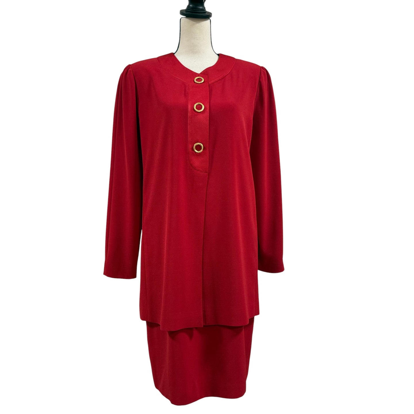 VTG 80s Evan Picone Red Long Sleeve Dress with Gold Buttons Size 10