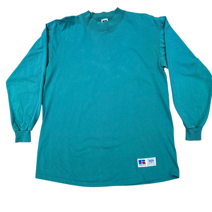 Russell Long Sleeve Cotton Logo Crewneck Teal Green USA Large