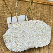 Load image into Gallery viewer, Vintage White Iridescent Beaded Kiss Lock Evening Bag Gold Chain Hardware
