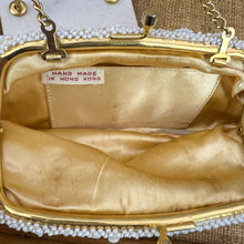 Load image into Gallery viewer, Vintage White Iridescent Beaded Kiss Lock Evening Bag Gold Chain Hardware
