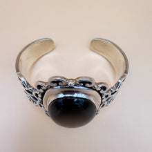 Load image into Gallery viewer, Vintage Sterling Silver Large Black Onyx Scroll Cuff Bracelet 57g
