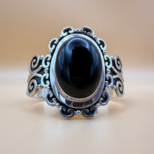 Load image into Gallery viewer, Vintage Sterling Silver Large Black Onyx Scroll Cuff Bracelet 57g
