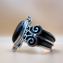 Load image into Gallery viewer, Vintage Sterling Silver Large Black Onyx Scroll Cuff Bracelet 57g
