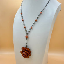 Load image into Gallery viewer, Vintage Carved Cinnabar Lacquer Rose Pendant Necklace Art Deco Filigree Chain

